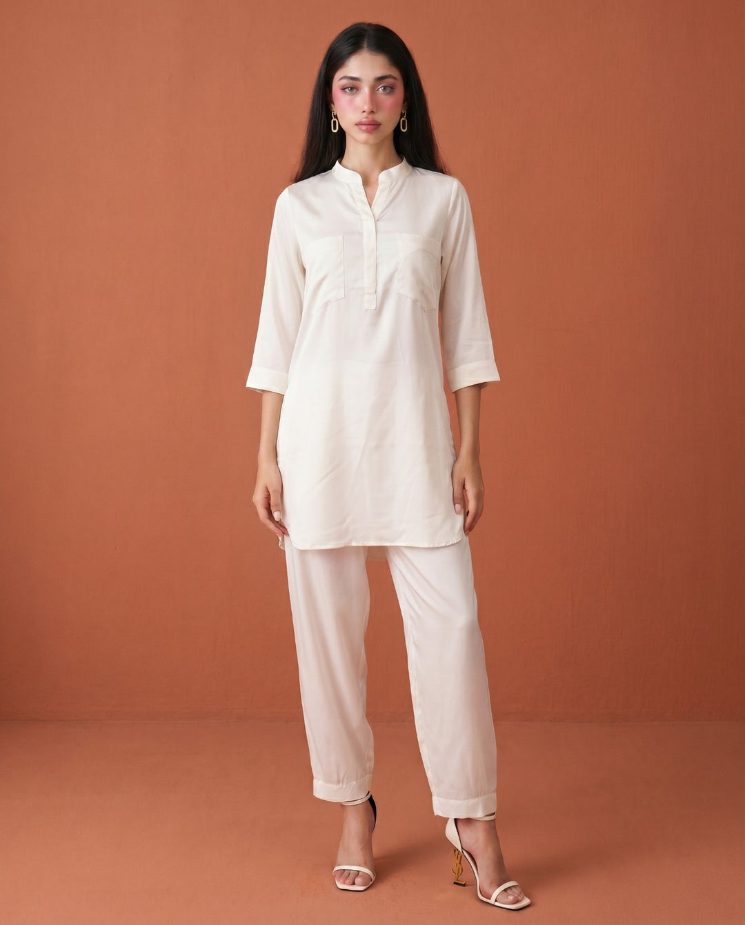 White Solid Cotton Satin Co-Ord Set