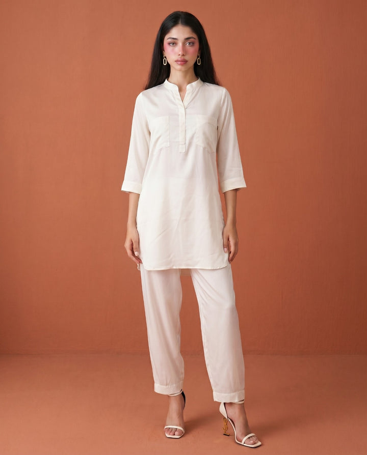 White Solid Cotton Satin Co-Ord Set