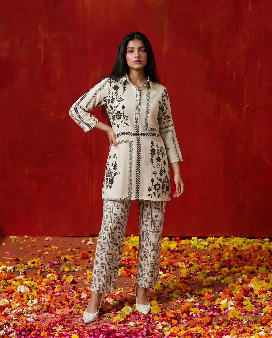 White Printed Viscose Blended Co-Ord Set