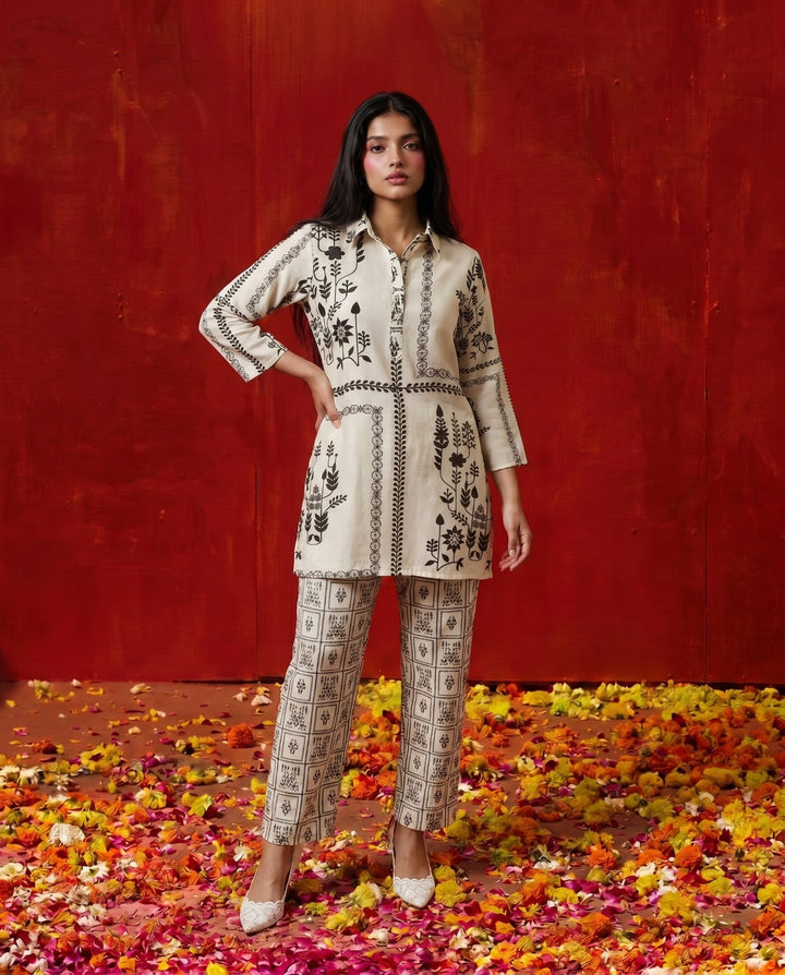 White Printed Viscose Blended Co-Ord Set