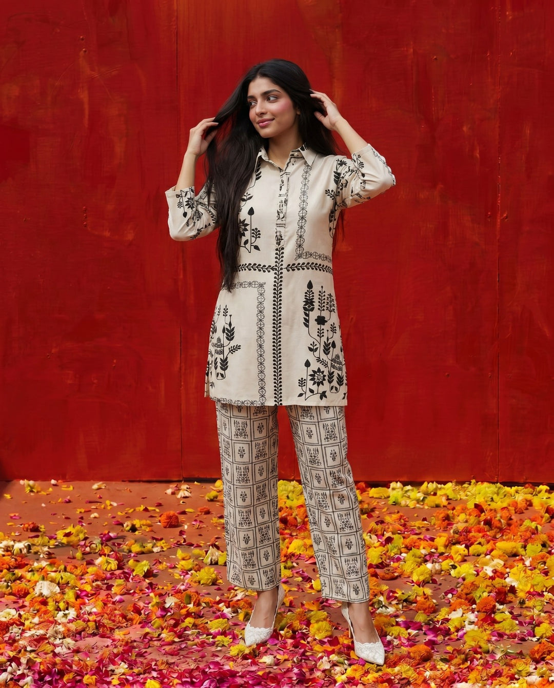 White Printed Viscose Blended Co-Ord Set
