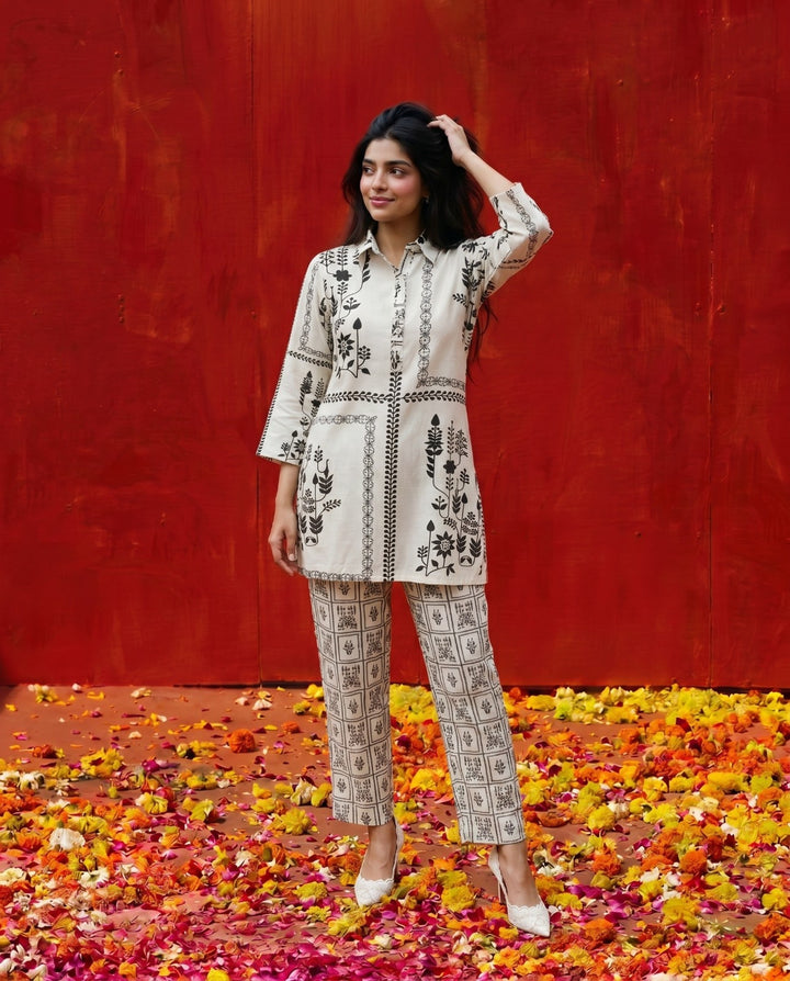 White Printed Viscose Blended Co-Ord Set