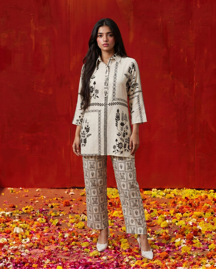 White Printed Viscose Blended Co-Ord Set