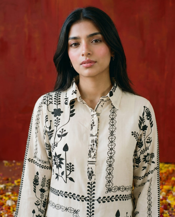 White Printed Viscose Blended Co-Ord Set
