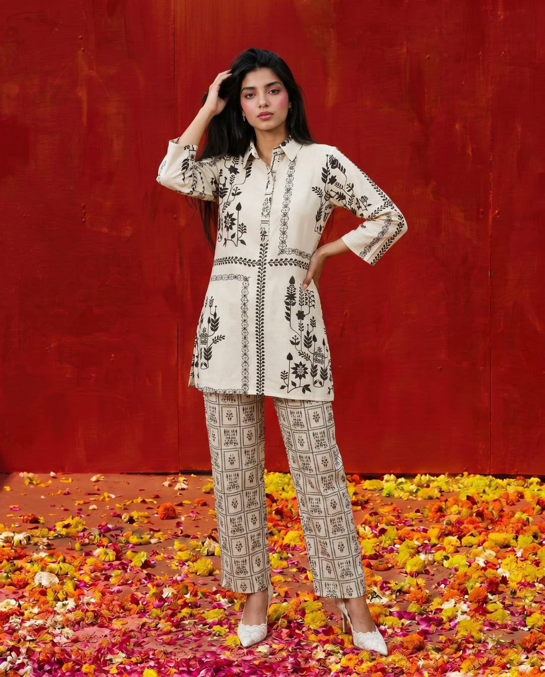 White Printed Viscose Blended Co-Ord Set