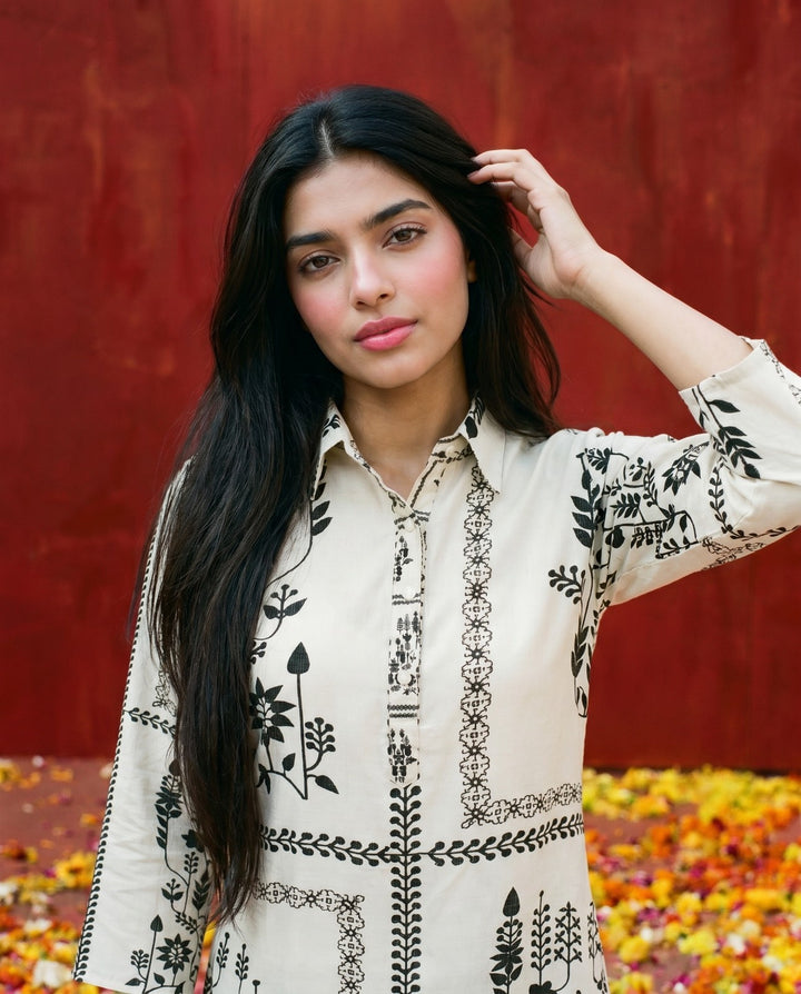 White Printed Viscose Blended Co-Ord Set