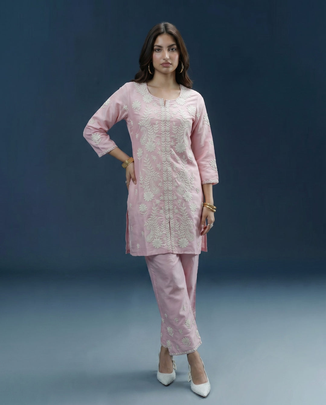 Pink Chikankari Embroidered Viscose Blended Lucknowi Co-Ord Set