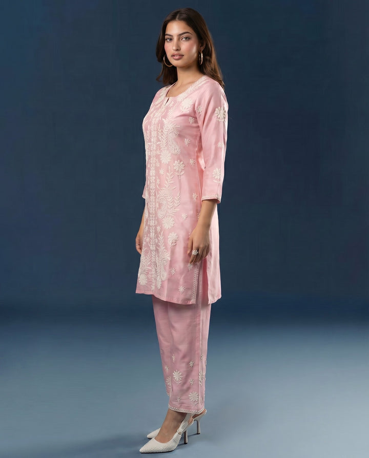 Pink Chikankari Embroidered Viscose Blended Lucknowi Co-Ord Set