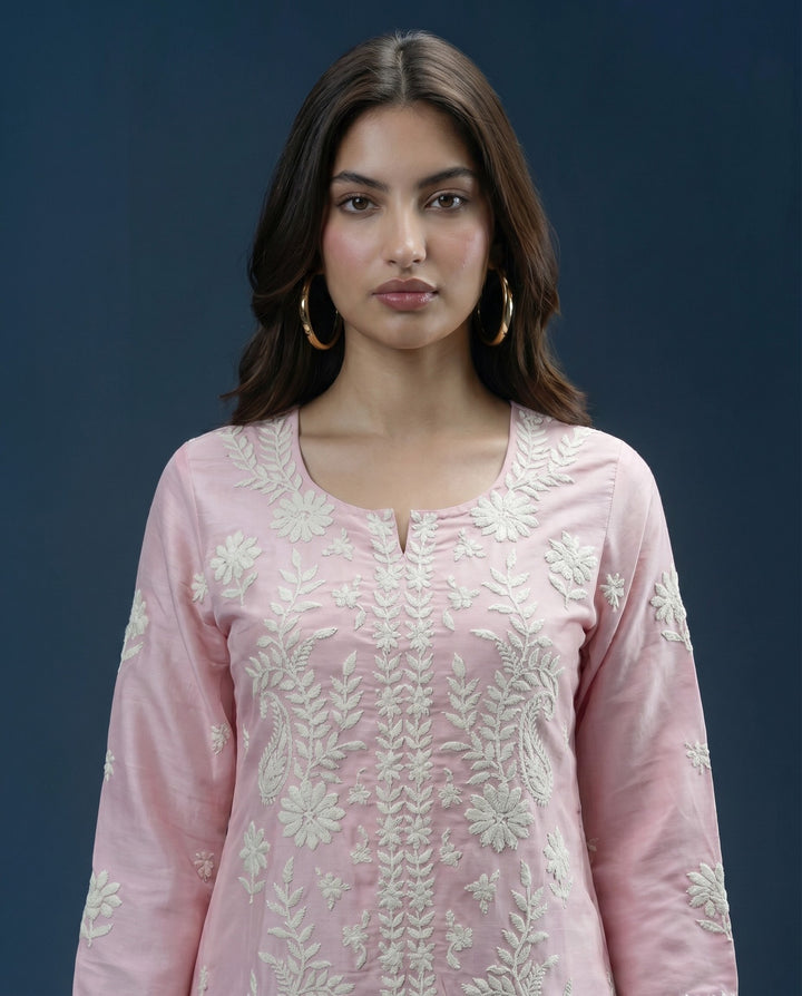 Pink Chikankari Embroidered Viscose Blended Lucknowi Co-Ord Set