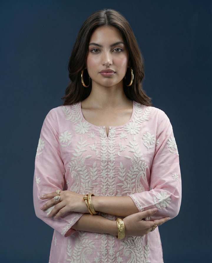 Pink Chikankari Embroidered Viscose Blended Lucknowi Co-Ord Set