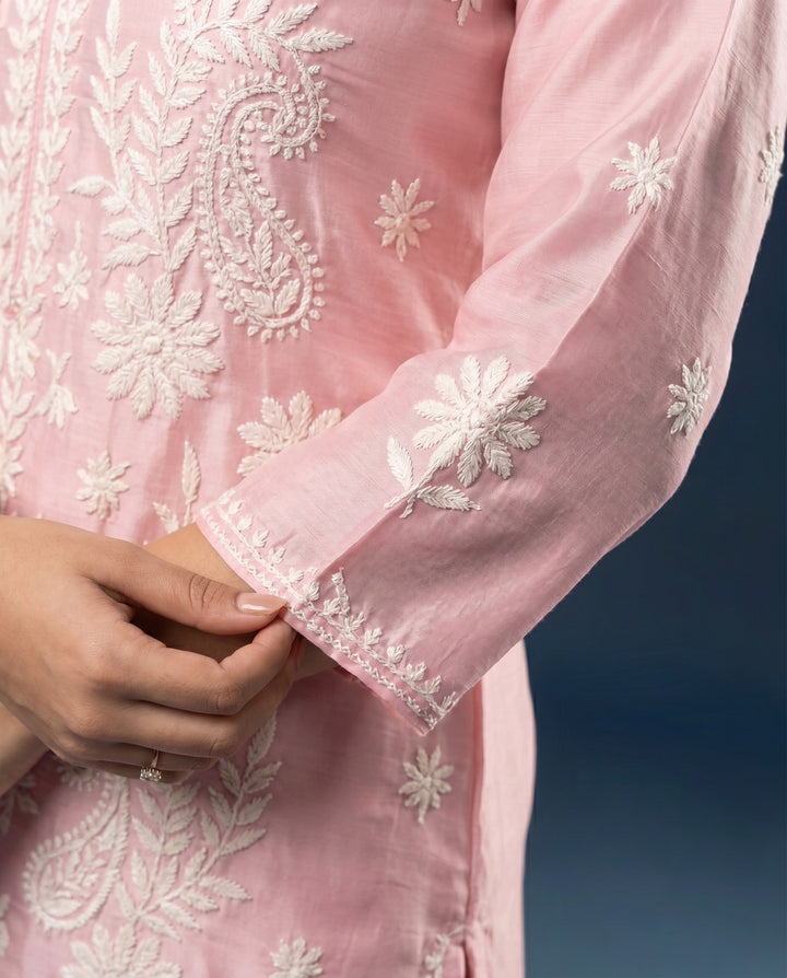 Pink Chikankari Embroidered Viscose Blended Lucknowi Co-Ord Set