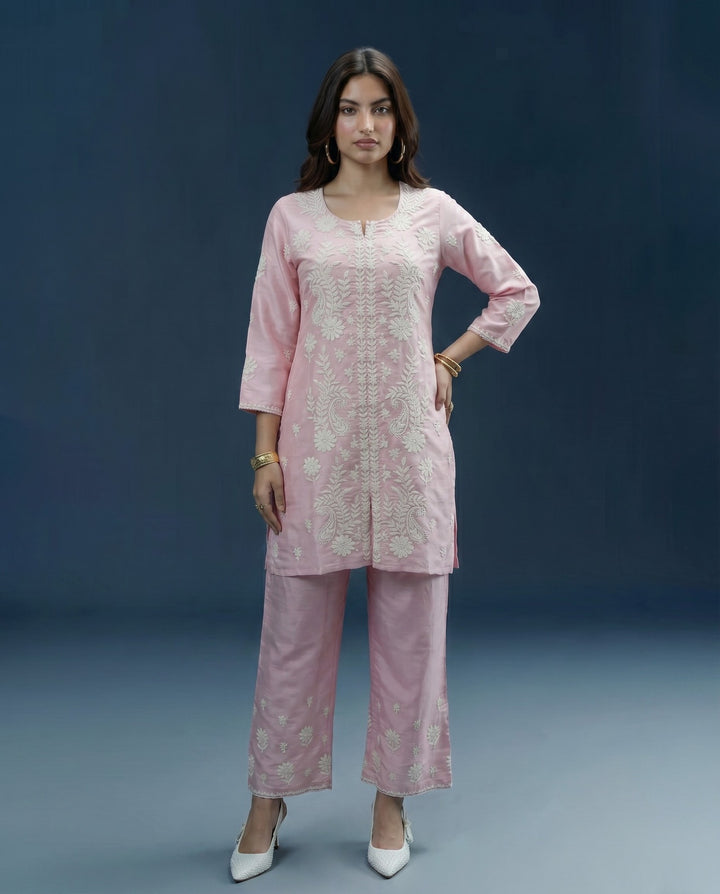 Pink Chikankari Embroidered Viscose Blended Lucknowi Co-Ord Set