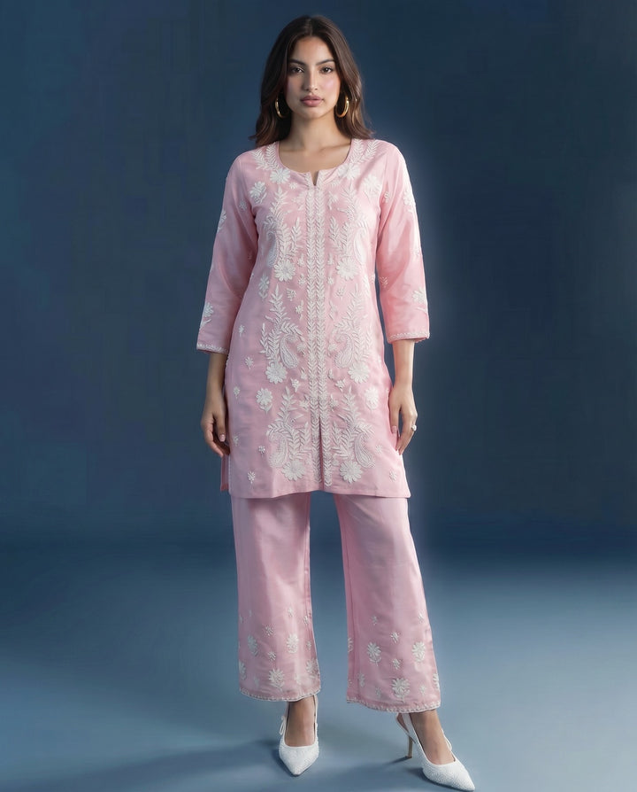 Pink Chikankari Embroidered Viscose Blended Lucknowi Co-Ord Set