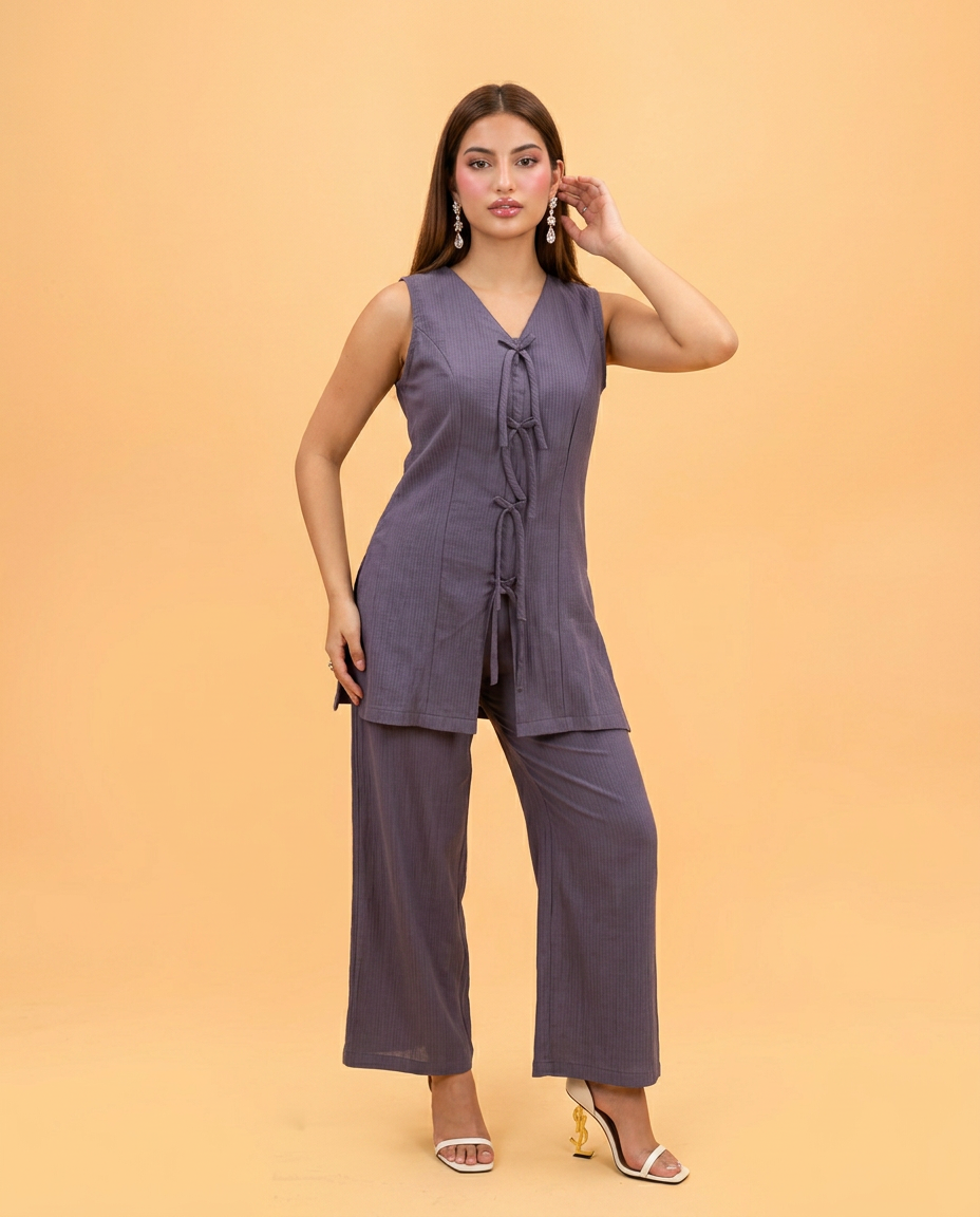 Purple Solid Viscose Blended Korean Style Co-Ord Set