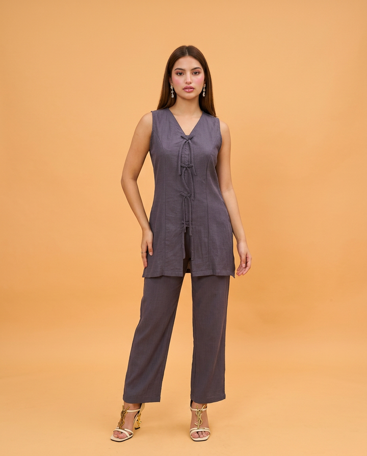 Purple Solid Viscose Blended Korean Style Co-Ord Set