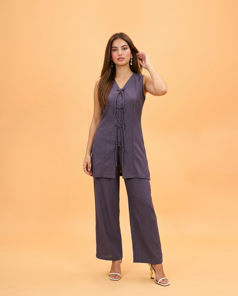 Purple Solid Viscose Blended Korean Style Co-Ord Set