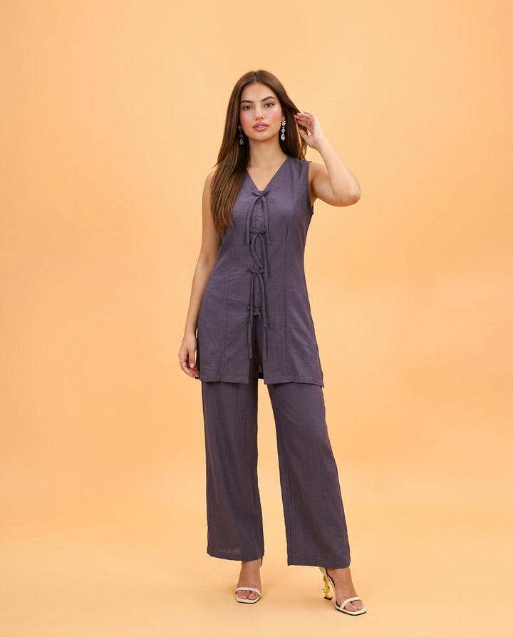 Purple Solid Viscose Blended Korean Style Co-Ord Set