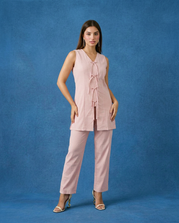 Pink Solid Viscose Blended Korean Style Co-Ord Set