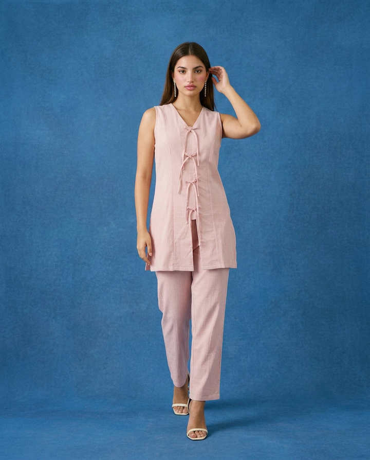 Pink Solid Viscose Blended Korean Style Co-Ord Set
