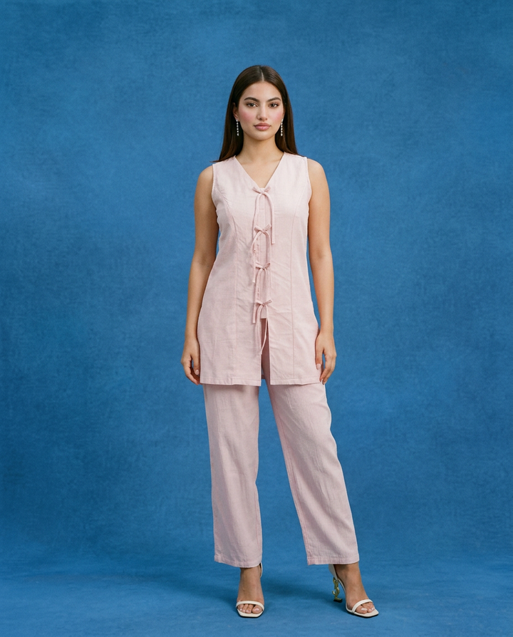 Pink Solid Viscose Blended Korean Style Co-Ord Set