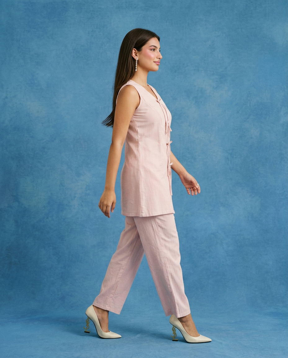 Pink Solid Viscose Blended Korean Style Co-Ord Set