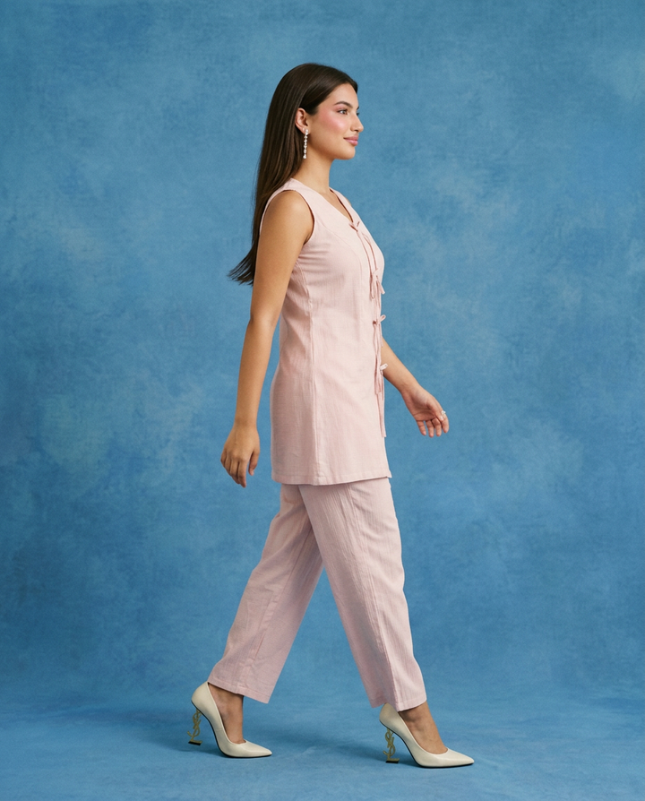 Pink Solid Viscose Blended Korean Style Co-Ord Set