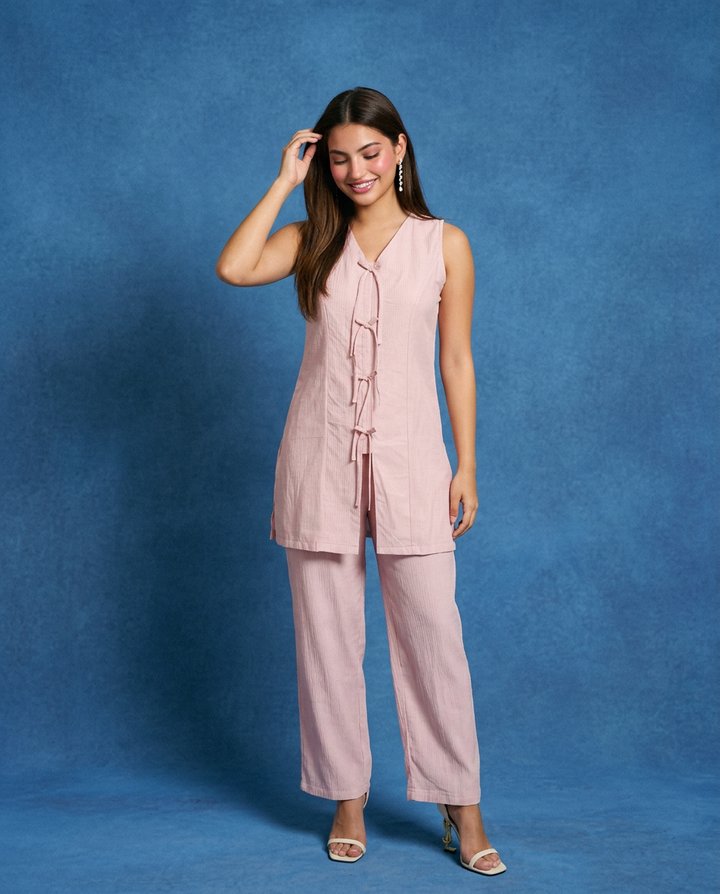 Pink Solid Viscose Blended Korean Style Co-Ord Set