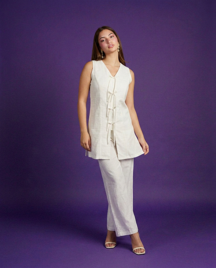 White Solid Viscose Blended Korean Style Co-Ord Set