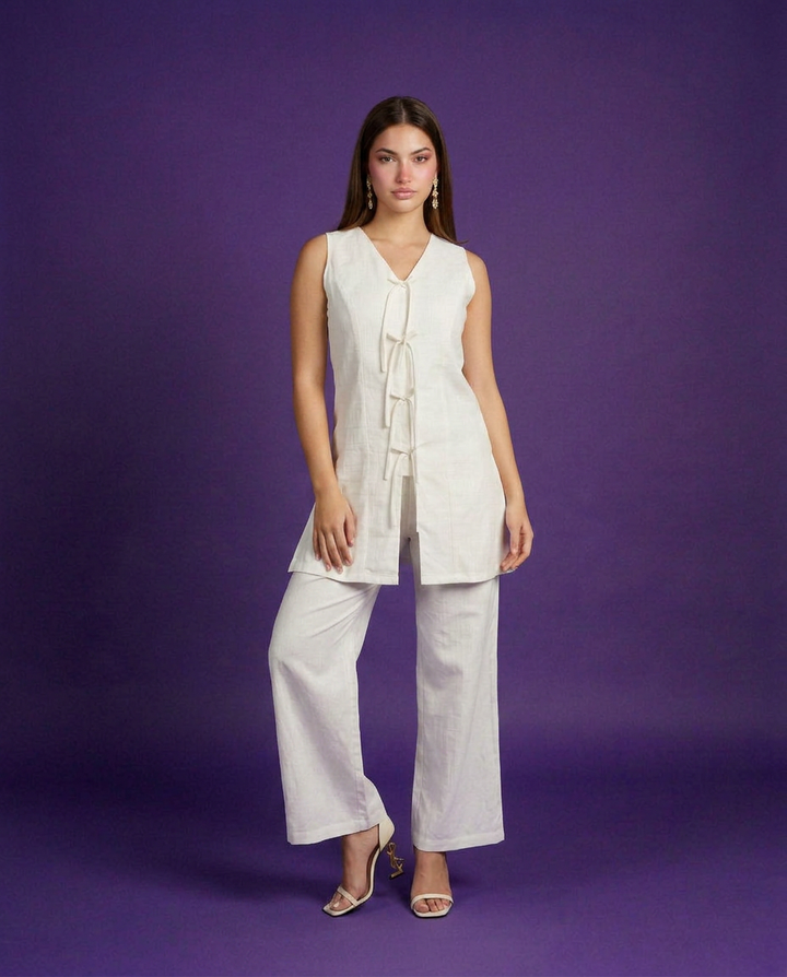 White Solid Viscose Blended Korean Style Co-Ord Set