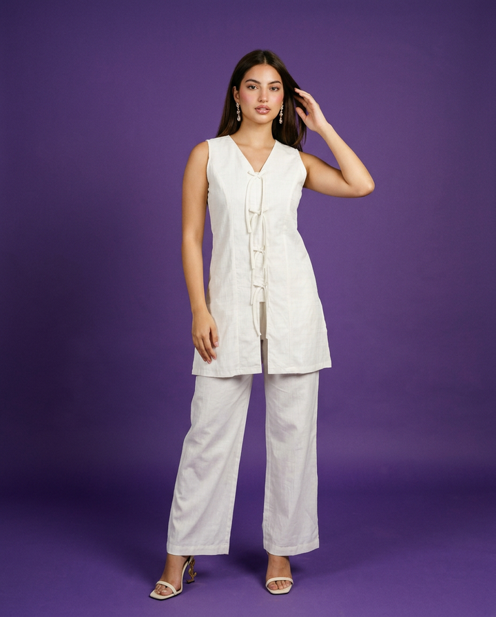 White Solid Viscose Blended Korean Style Co-Ord Set