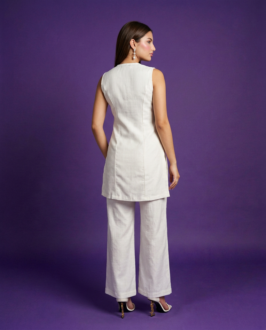 White Solid Viscose Blended Korean Style Co-Ord Set