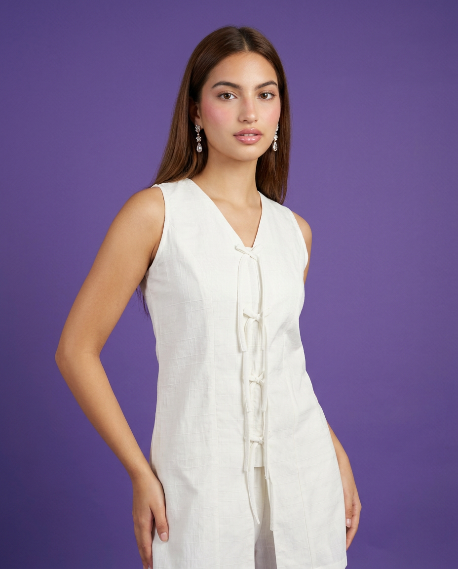 White Solid Viscose Blended Korean Style Co-Ord Set