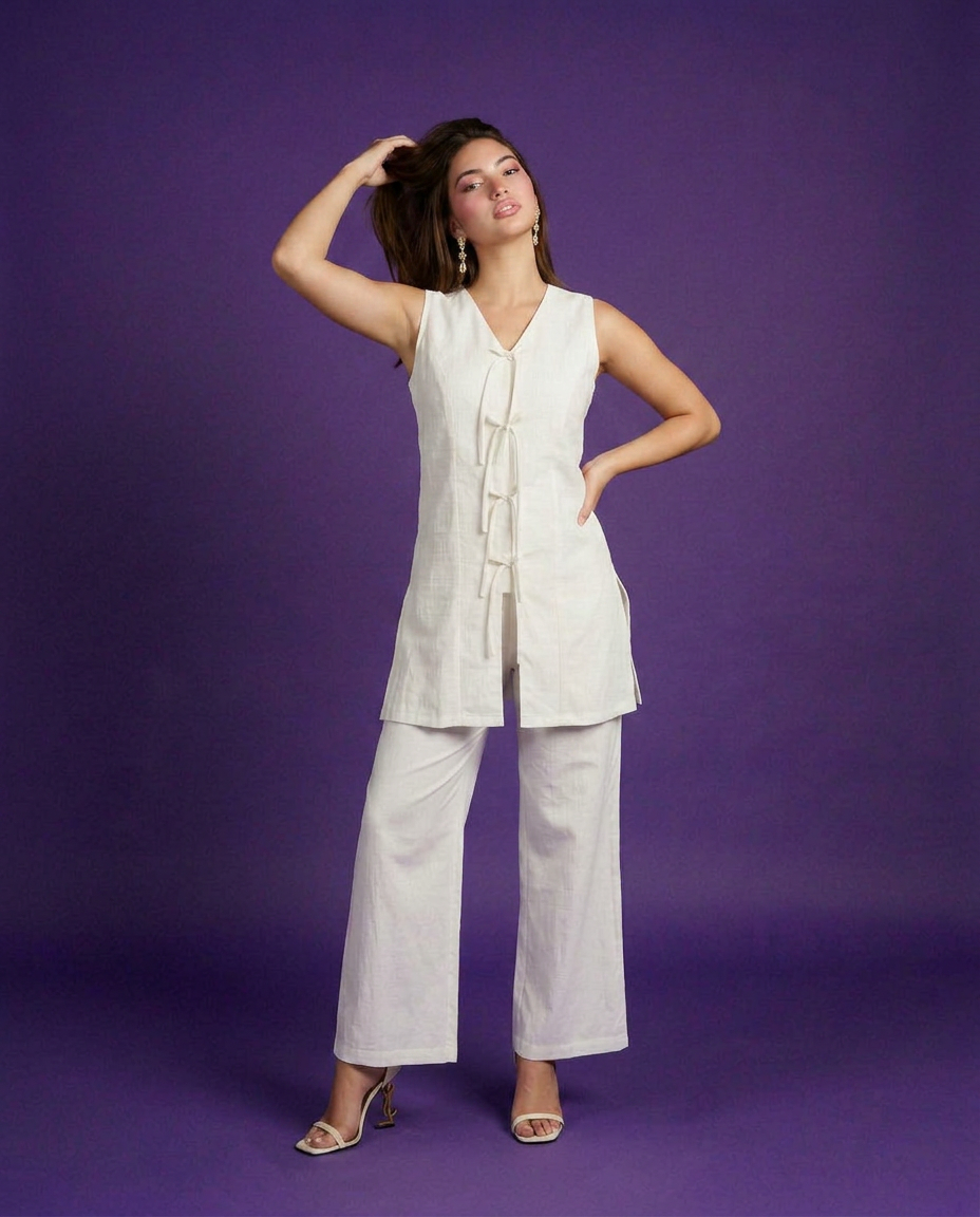 White Solid Viscose Blended Korean Style Co-Ord Set