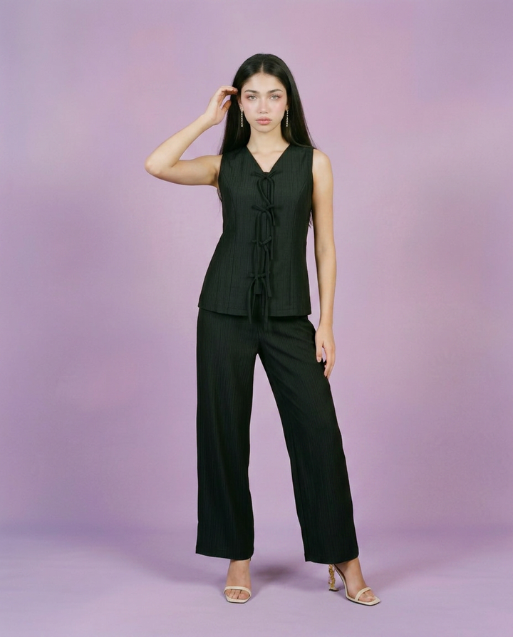 Black Solid Viscose Blended Korean Style Co-Ord Set