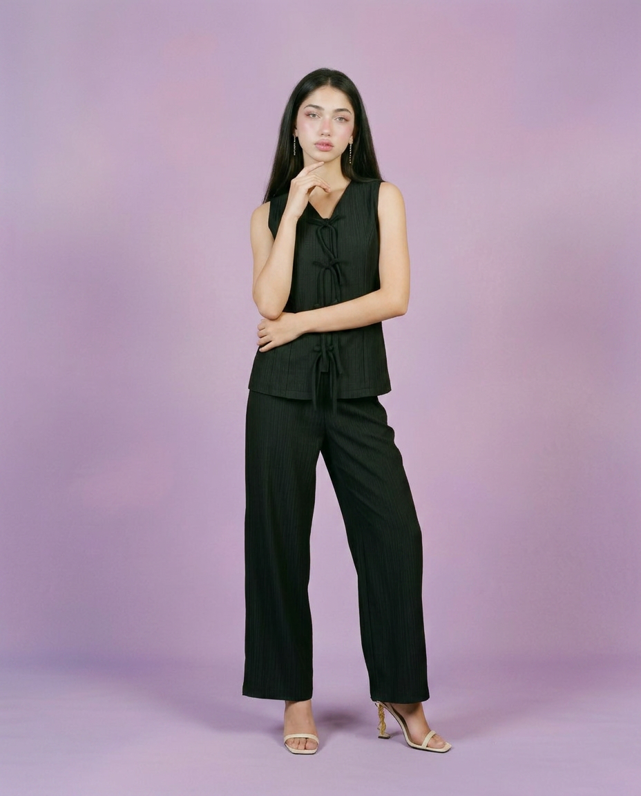 Black Solid Viscose Blended Korean Style Co-Ord Set