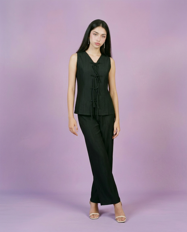 Black Solid Viscose Blended Korean Style Co-Ord Set