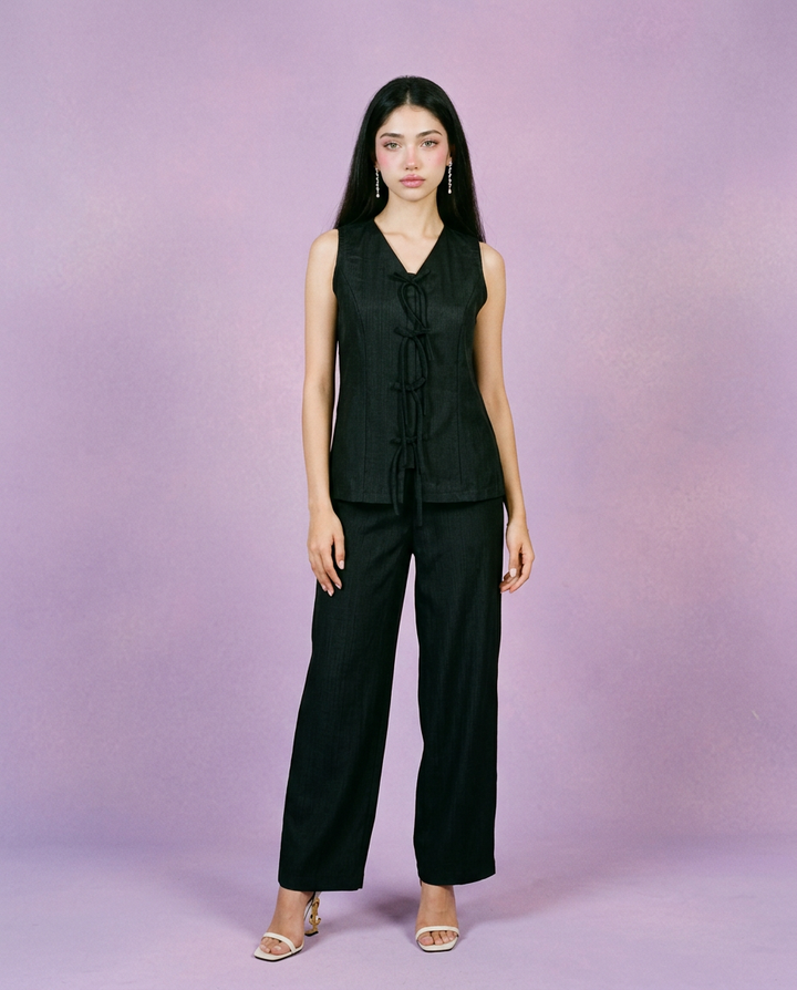 Black Solid Viscose Blended Korean Style Co-Ord Set