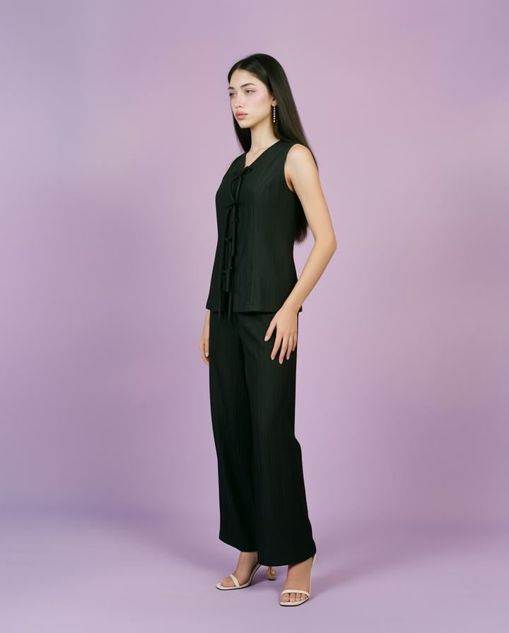 Black Solid Viscose Blended Korean Style Co-Ord Set