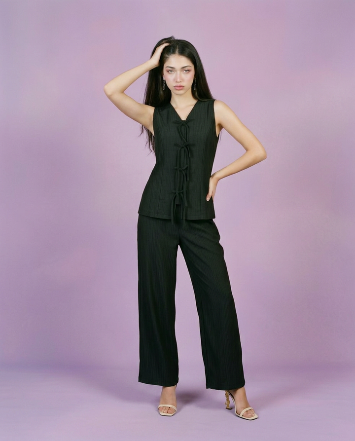 Black Solid Viscose Blended Korean Style Co-Ord Set