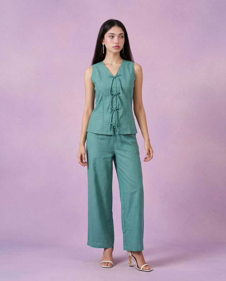 Green Solid Viscose Blended Korean Style Co-Ord Set