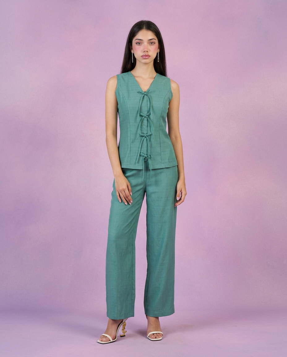 Green Solid Viscose Blended Korean Style Co-Ord Set
