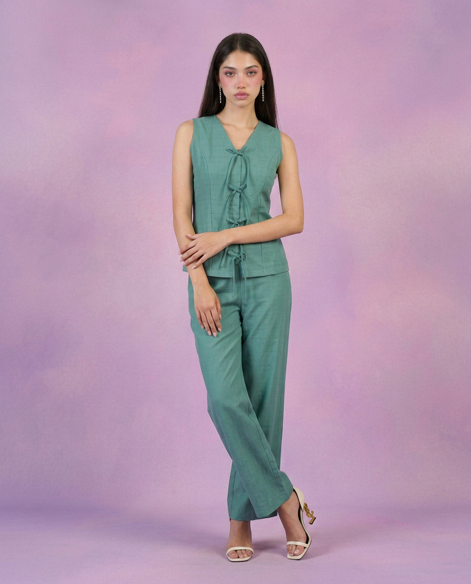 Green Solid Viscose Blended Korean Style Co-Ord Set