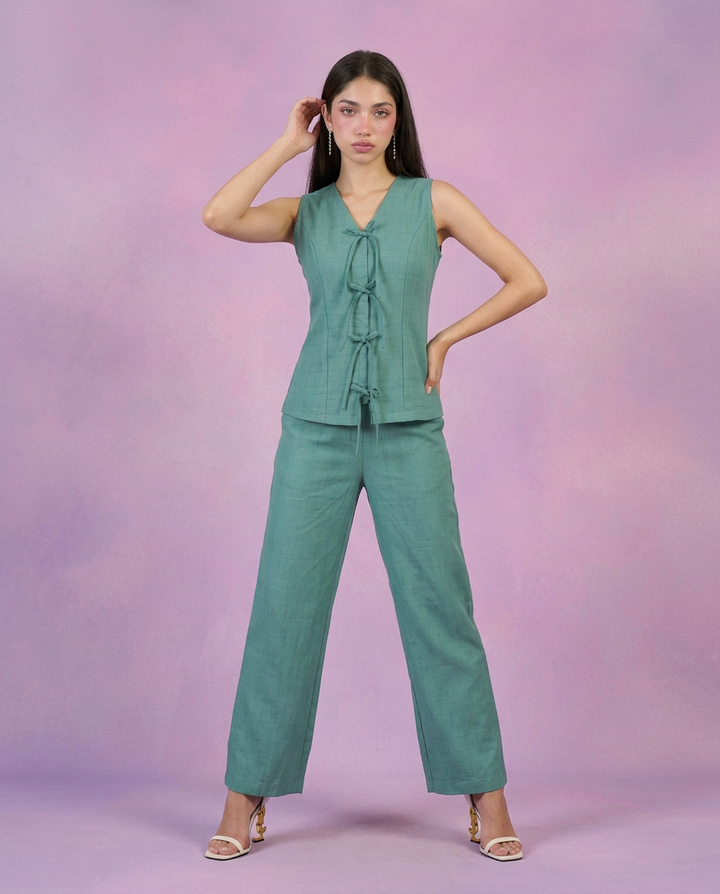 Green Solid Viscose Blended Korean Style Co-Ord Set