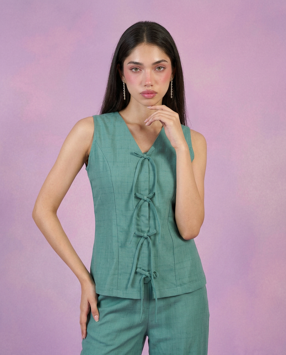 Green Solid Viscose Blended Korean Style Co-Ord Set