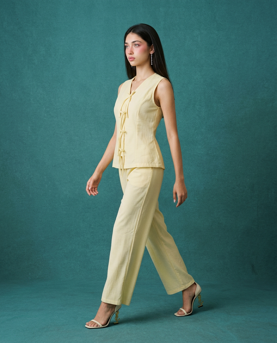 Yellow Solid Viscose Blended Korean Style Co-Ord Set