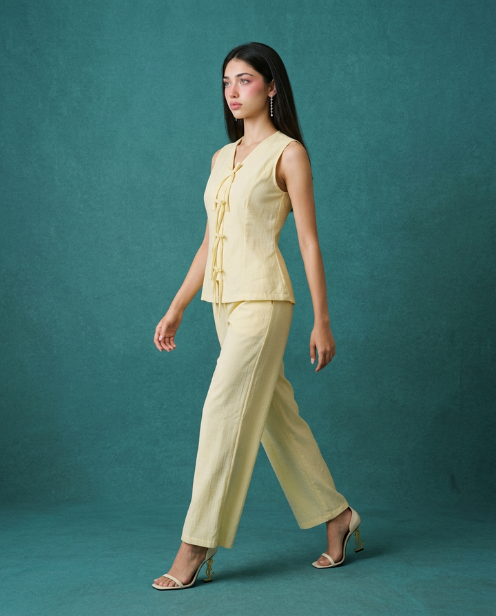 Yellow Solid Viscose Blended Korean Style Co-Ord Set