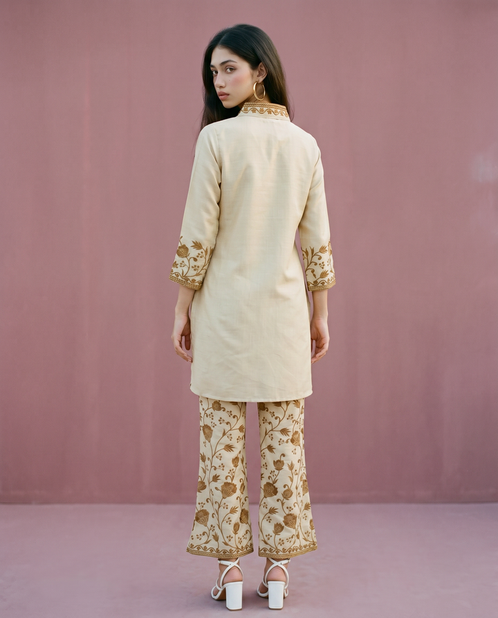 Beige Embroidered Viscose Blended Co-Ord Set