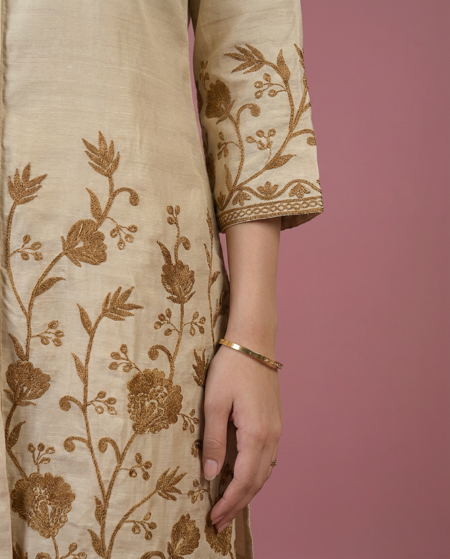Beige Embroidered Viscose Blended Co-Ord Set