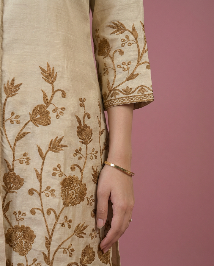 Beige Embroidered Viscose Blended Co-Ord Set