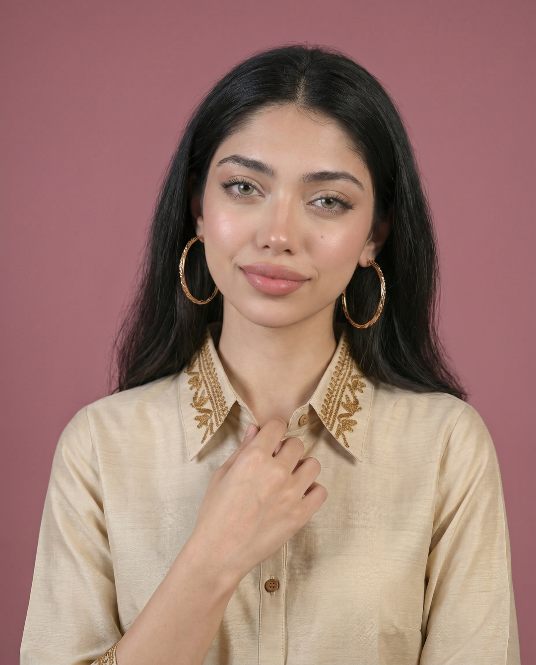 Beige Embroidered Viscose Blended Co-Ord Set